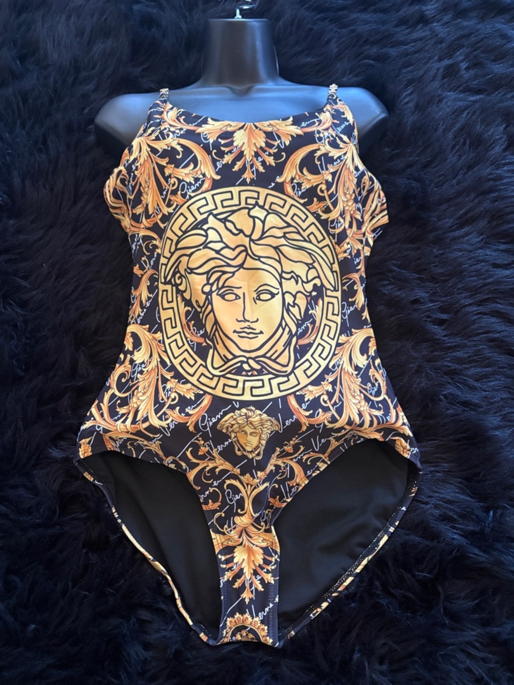 Versace Black and Gold Baroque Medusa One-Piece